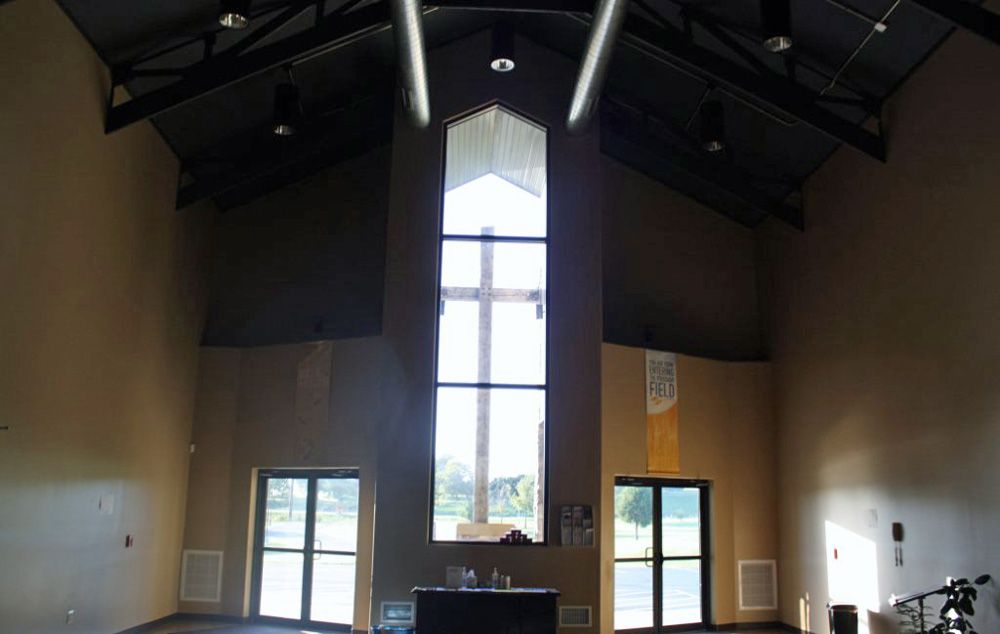 There is a large window in the middle of the room.